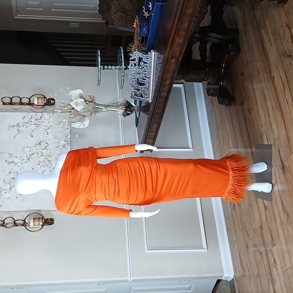 Women's Orange Off-Shoulder Furry Hem Maxi Dress. Size S - Picture 7 of 17
